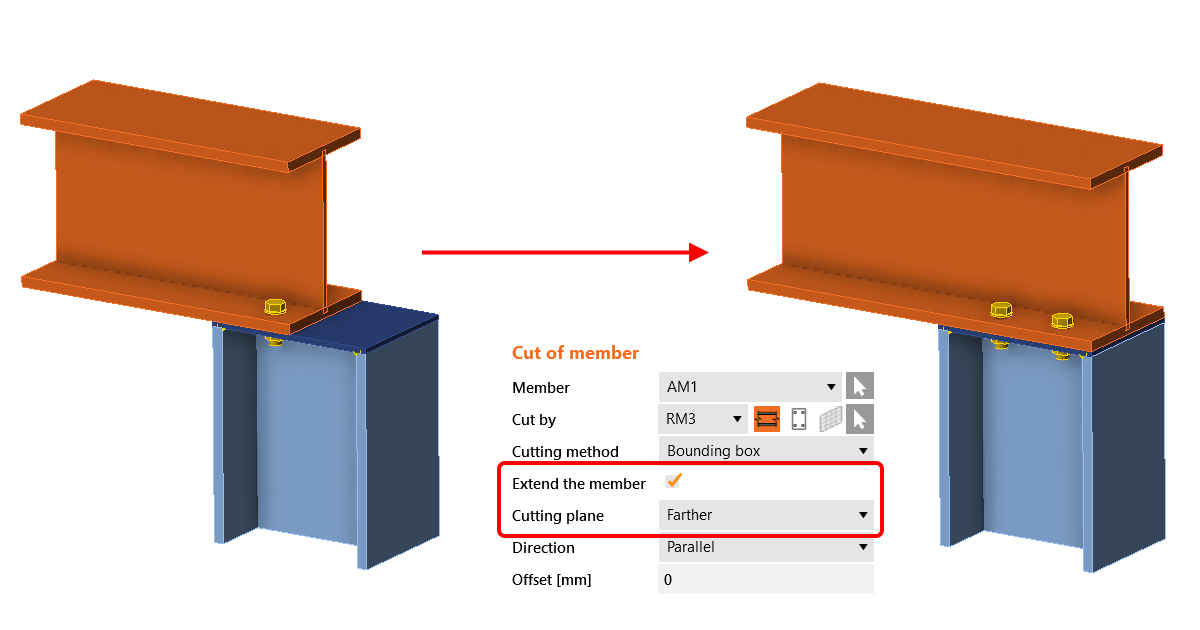 Extend the member using the cut operation