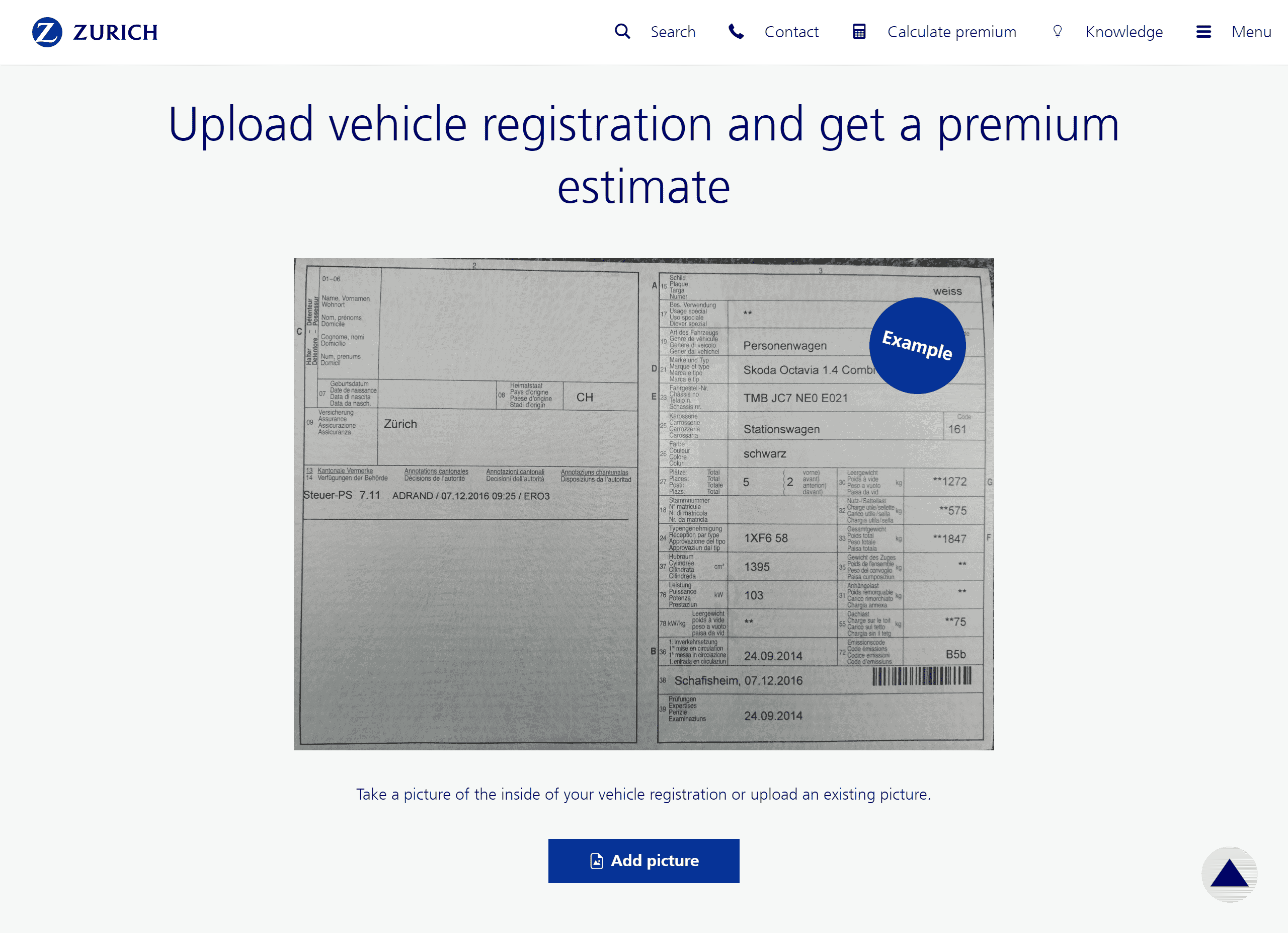 Screenshot that shows the quote component on the zurich.ch website