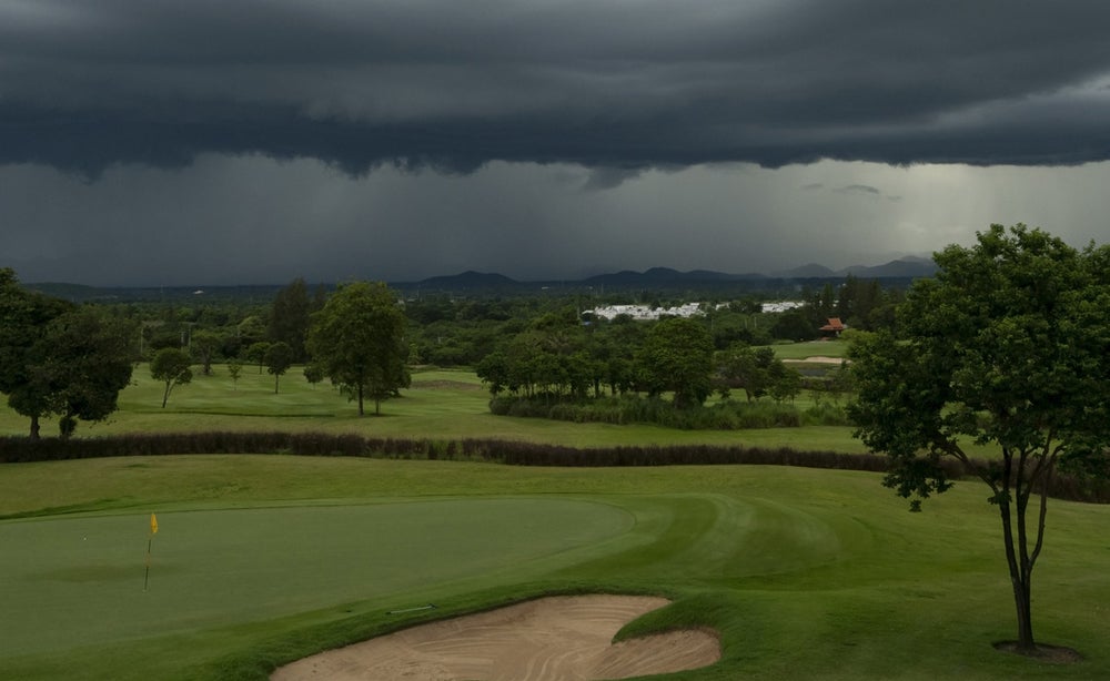 Aerials of a rainy day at a golf course