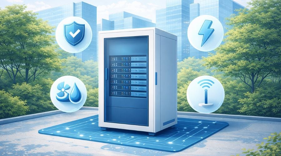 Isometric illustration of an outdoor edge data center cabinet with visible servers, surrounded by icons for security, power, cooling, and sensors against a blue cityscape background
