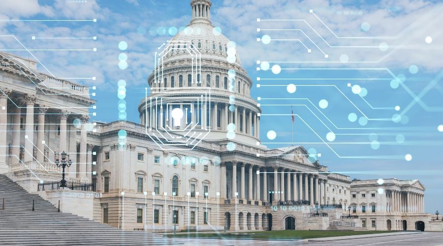 Government IT infrastructure concept over the U.S. Capitol building, representing secure digital networks and ICT systems.