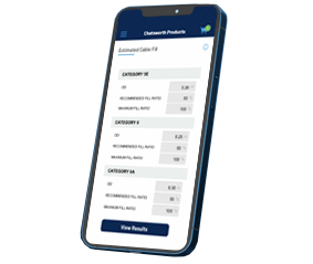 Mobile phone displaying estimated cable fill results with categories and fill ratios.