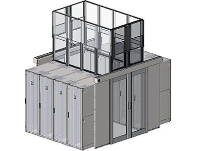 3D rendering of a server cabinet with a glass enclosure on top.