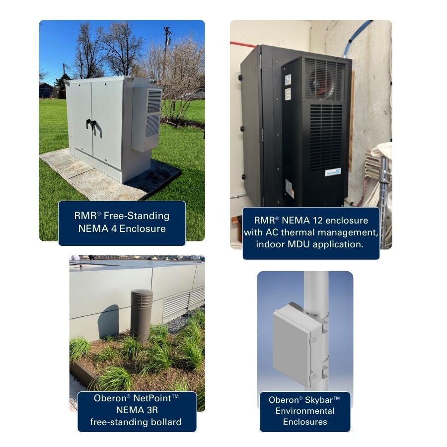 Four product enclosures: RMR Free-Standing NEMA 4, RMR NEMA 12, Oberon NetPoint NEMA 3, Oberon Skybar.