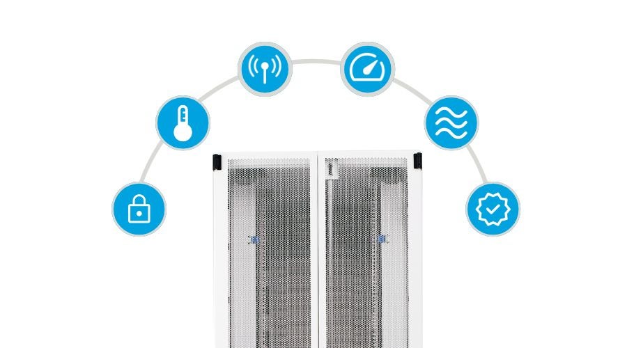 Data center cabinet illustrating integrated environmental and security monitoring.