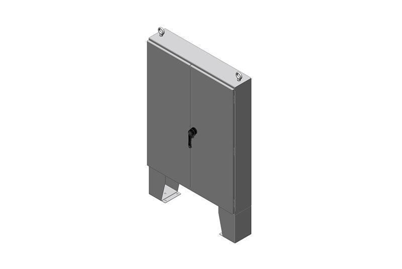 Gray server cabinet with two doors and a lock, mounted on legs.