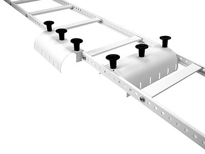 White cable ladder with black mounting clips attached.