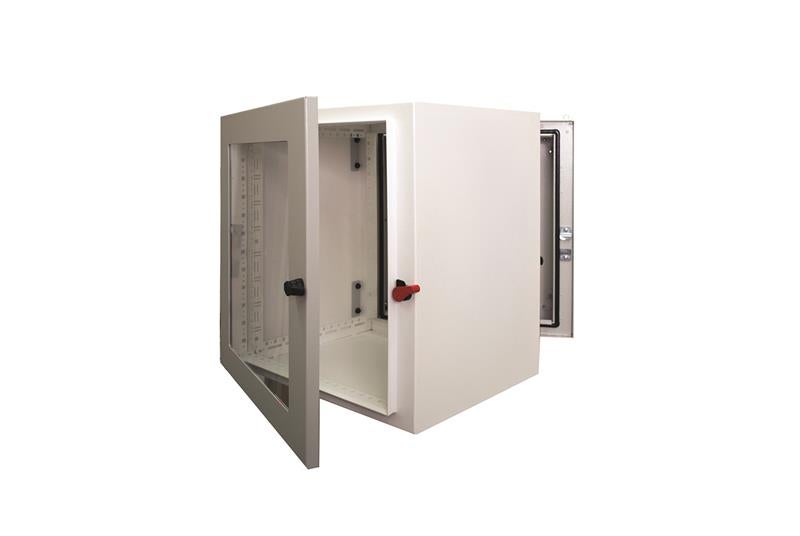 Open server cabinet with a white exterior and a glass door.