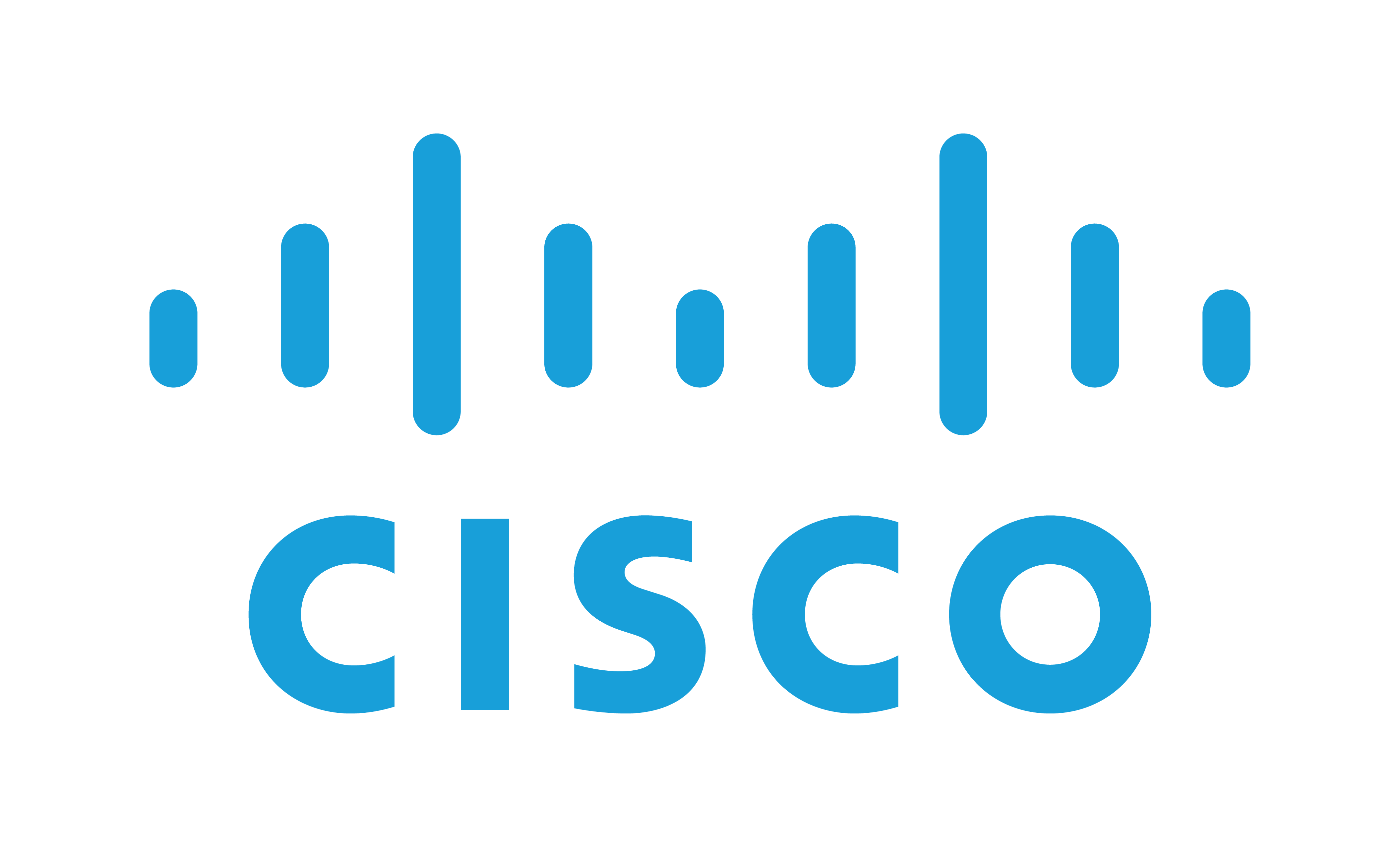 Cisco logo with blue stylized bars and the word 'CISCO' in blue text.