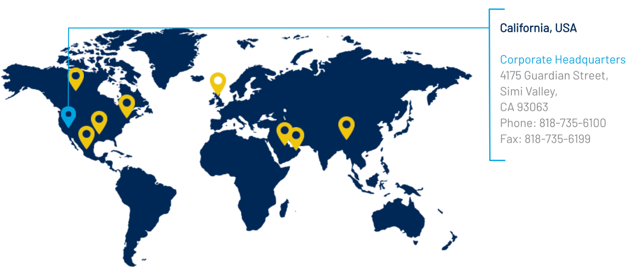 Map showing global locations with a highlighted headquarters in California, USA.