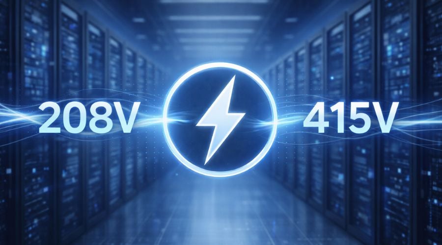Data center aisle with glowing lightning icon comparing 208V and 415V power distribution.