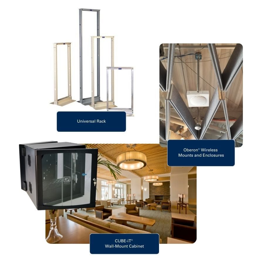 Universal Rack and CUBE-iT Wall-Mount Cabinet displayed in a room.