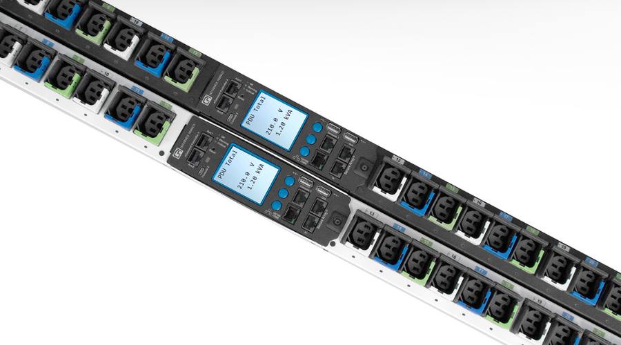 Power distribution units with multiple outlets and digital displays.