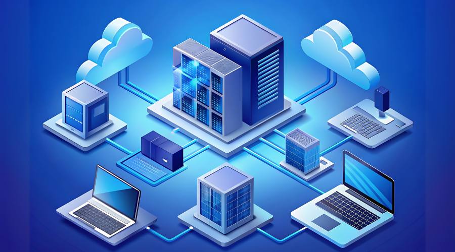 Illustration of a data center with servers, laptops, and cloud icons connected by lines.