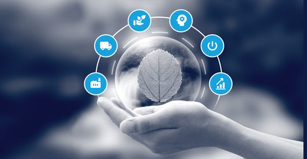 A hand holding a leaf inside a circular graphic with icons representing various services.