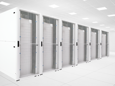 Rows of Chatsworth Products ZetaFrame Cabinet System, in Glacier White, line a bright and spacious data center. The clean, modern design with white floor and ceiling panels enhances the well-lit atmosphere.