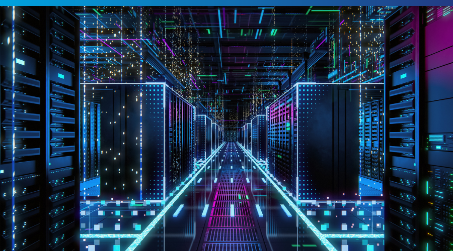 A futuristic data center corridor with illuminated server racks and colorful lights.