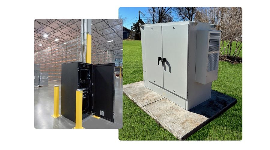 Two industrial enclosures: one black cabinet with an open door inside a warehouse, and one gray outdoor enclosure with cooling unit mounted on the side, installed on a concrete pad in a grassy area.