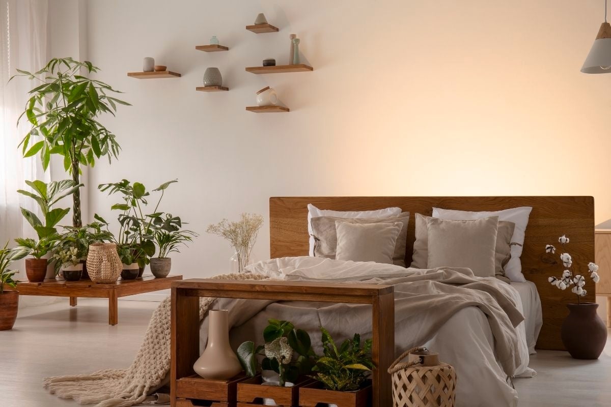 plants in bedroom - bed - plants bedroom - wooden headboard - wooden head end