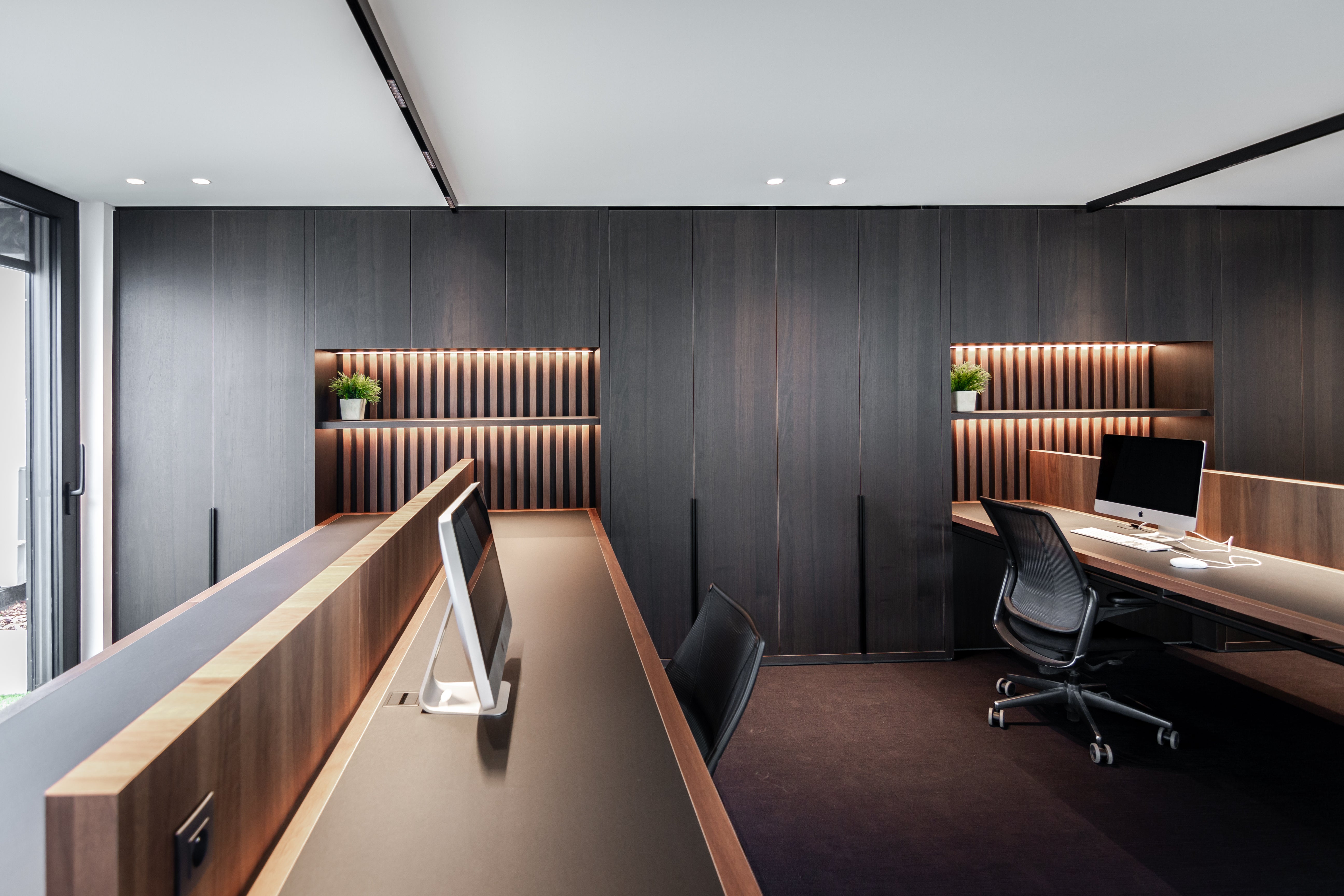 Shinnoki - ready-to-use panels - dark office walls - office interior - wood walls - dark wood wall - office