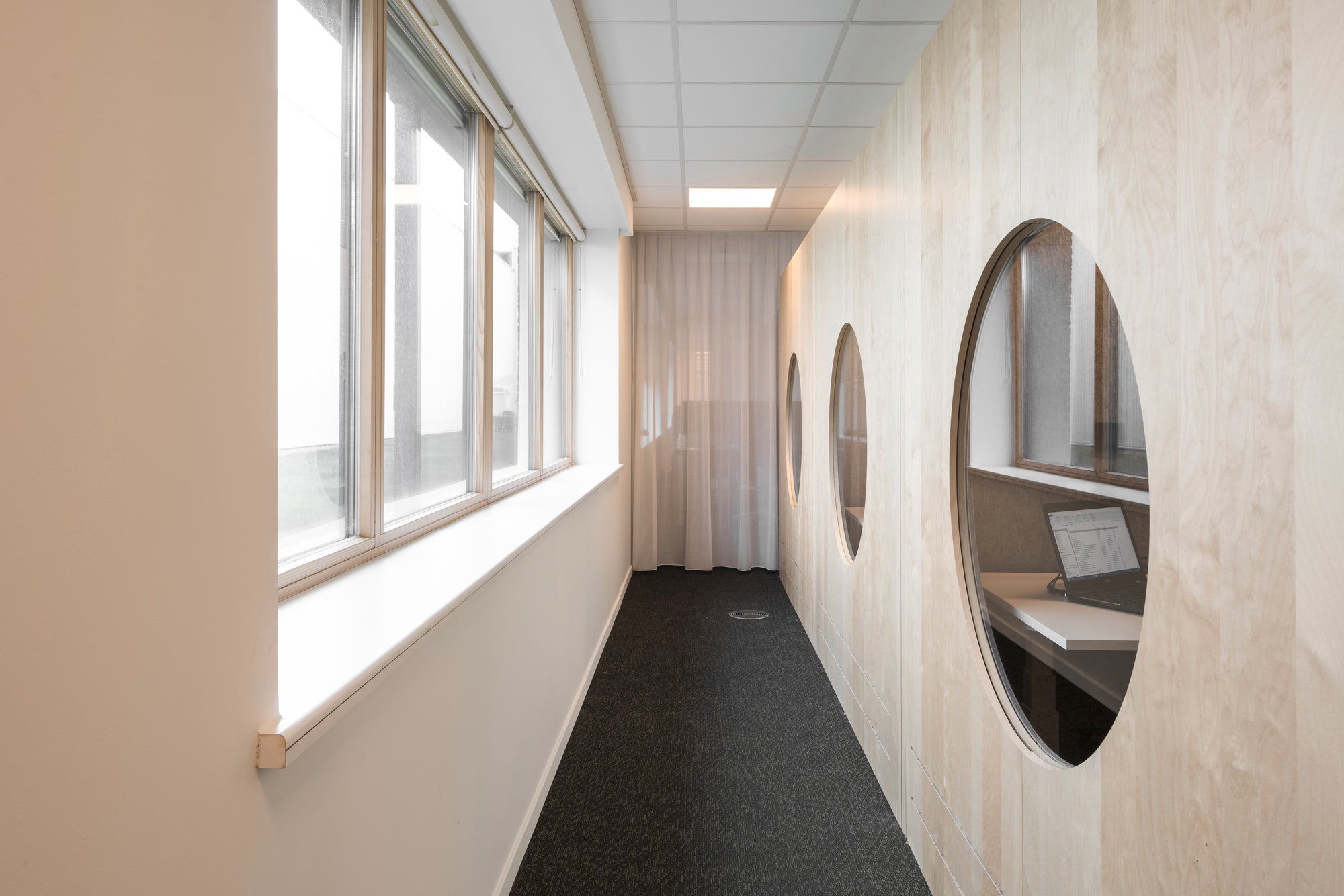 volvo trucks ghent - volvo trucks office - pods - office pods - bright wood wall - bright wood panels