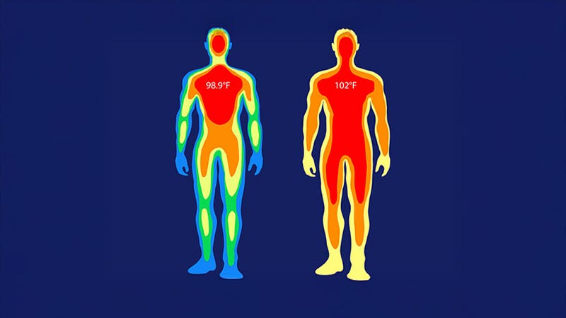 An illustration showing a persons body temp at 98.9 degrees before infrared sauna use and 102 degrees after.