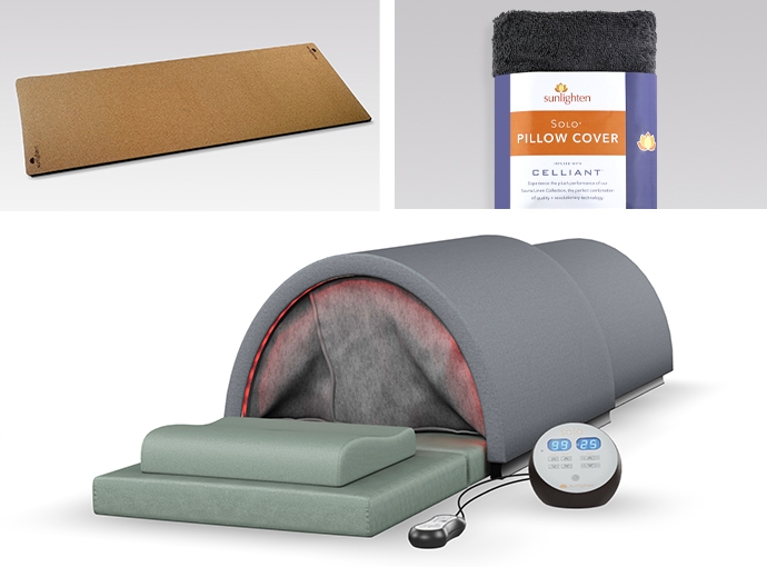 A Solo sauna mat, a Celliant pillow cover and a Solo Portable Sauna system