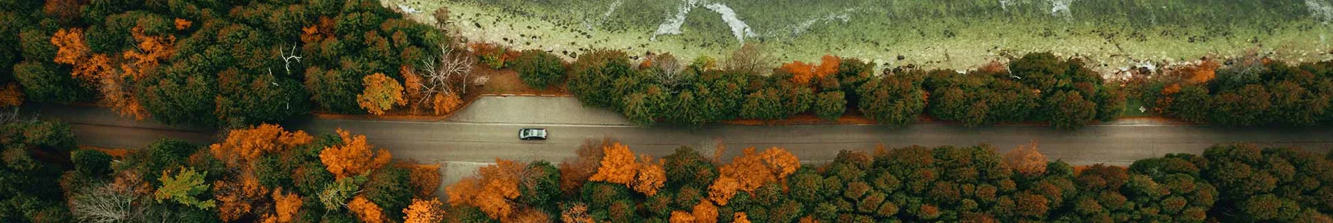 An aerial view of a car driving on a highway in a lush forest