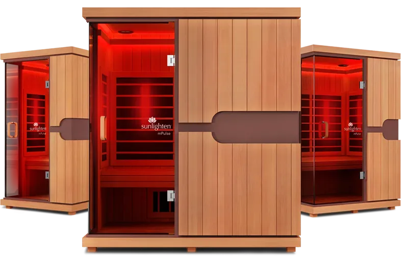 Three Sunlighten mPulse Intelligent infrared saunas with red light therapy.
