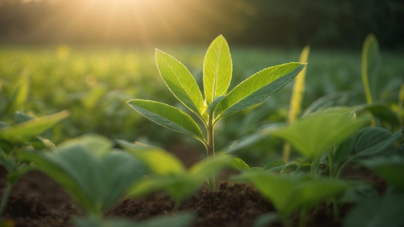 A plant sprouts from the ground.