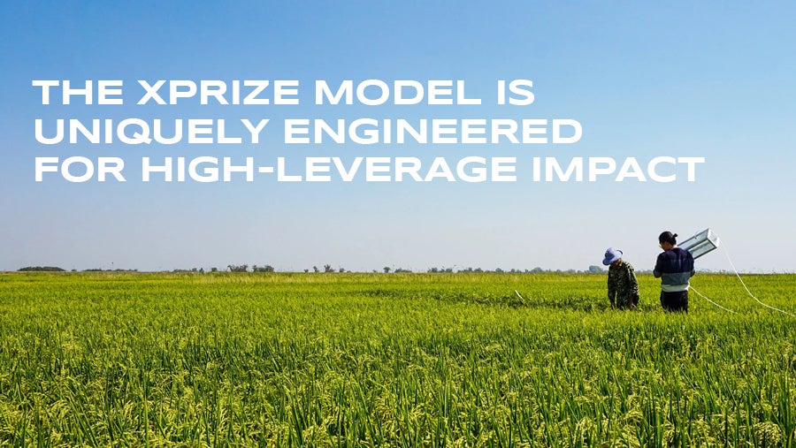 Scientists setting up equipment in a farm field with the words 'The XPRIZE model is uniquely engineered for high-leverage impact' overlaid.