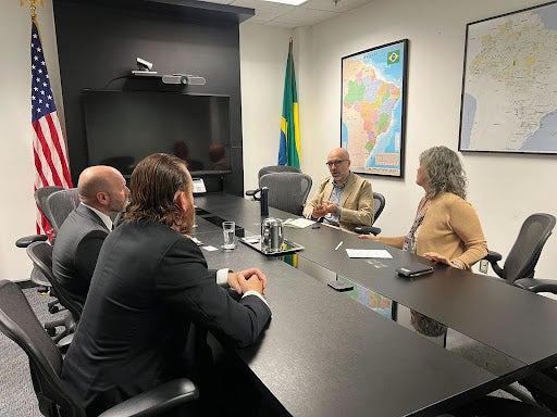 Kev Marriott, technical lead for XPRIZE Rainforest, and Peter Houlihan, XPRIZE EVP of Biodiversity and Conservation, explore potential partnerships with USAID at the US Embassy in Brazil. Collaborations like this could help support bioeconomics and effectively use biodiversity data.