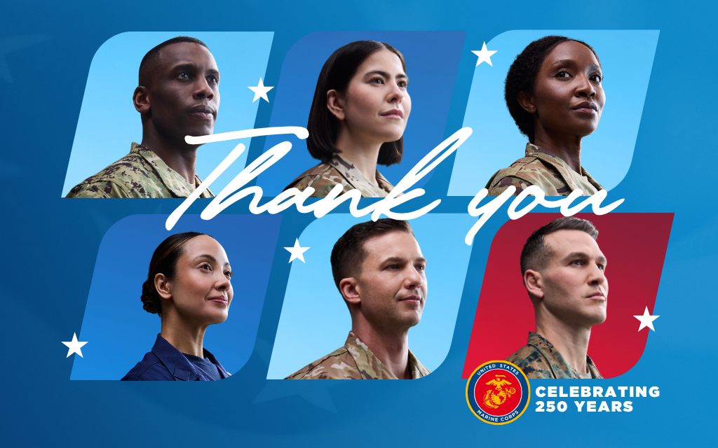 profile headshots of 6 service members in uniforms, laid out in a grid with a blue background, thank you written across the length of the images. 
