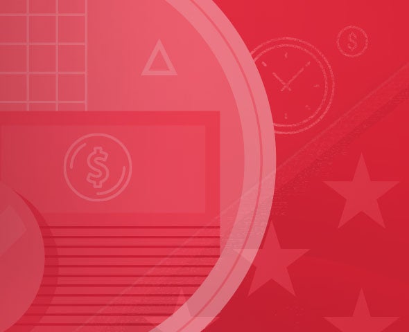 Red background with financial icons including cash, triangles, coins, clock, stars.