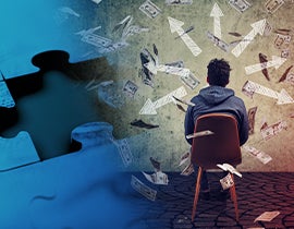 Male sitting in a chair with money floating around his head.