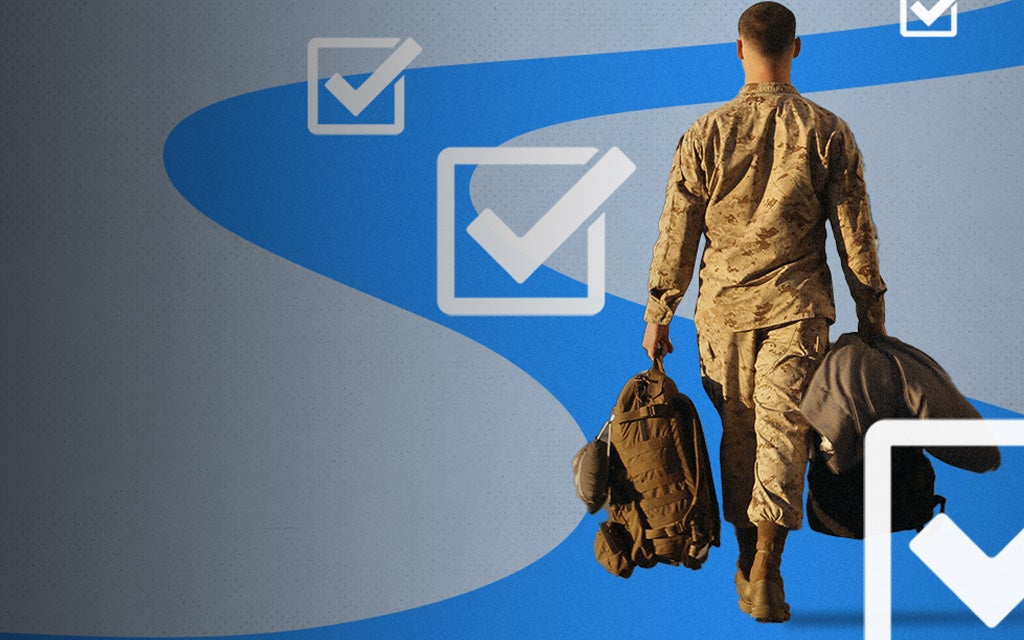 Image of servicemember walking down a blue curvy path with white check-marked boxes.