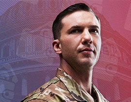 service member looking off into the distance with the white house in the background and wallet icons surrounding