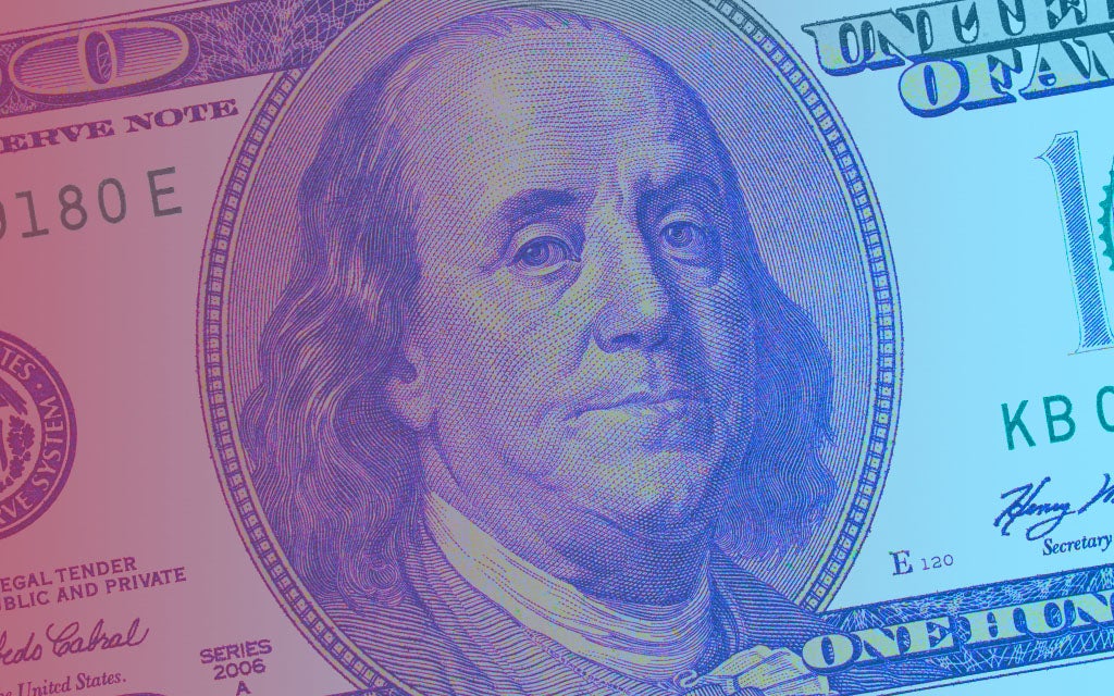 Image of a 100 dollar bill, focused on Benjamin Franklin, with a red and blue overlay.