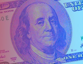 Image of a 100 dollar bill, focused on Benjamin Franklin, with a red and blue overlay.