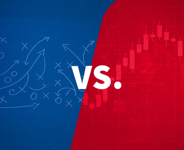 Split graphic showing betting strategy play diagrams on a blue background versus a red financial candlestick chart, with ‘VS.’ in the center