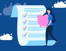 Blue cloud background with a financial planning checklist and a girl holding a piggy bank.