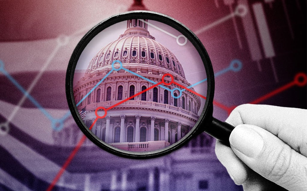 Image of a magnifying glass over the capital building with a line chart representing market trends. 