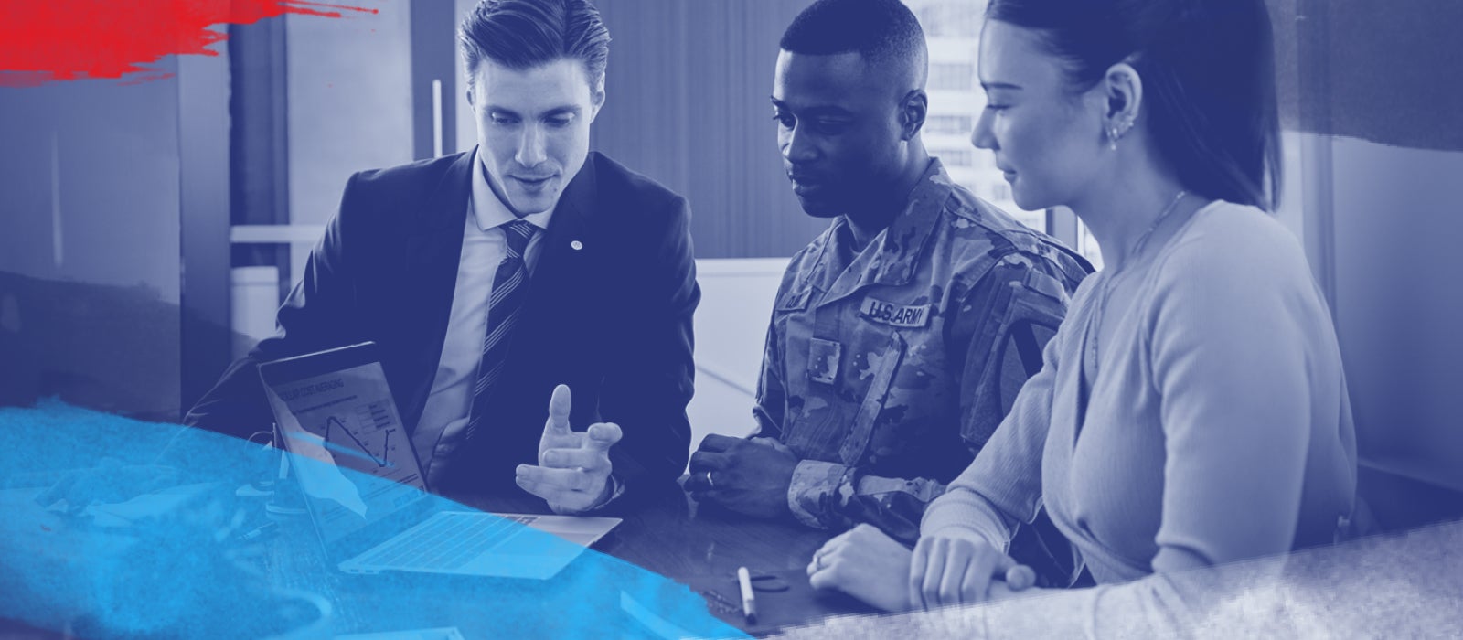 Military couple meeting with a financial advisor