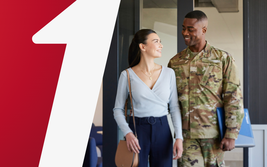 red background image with a man in uniform next to a woman in civilian clothes