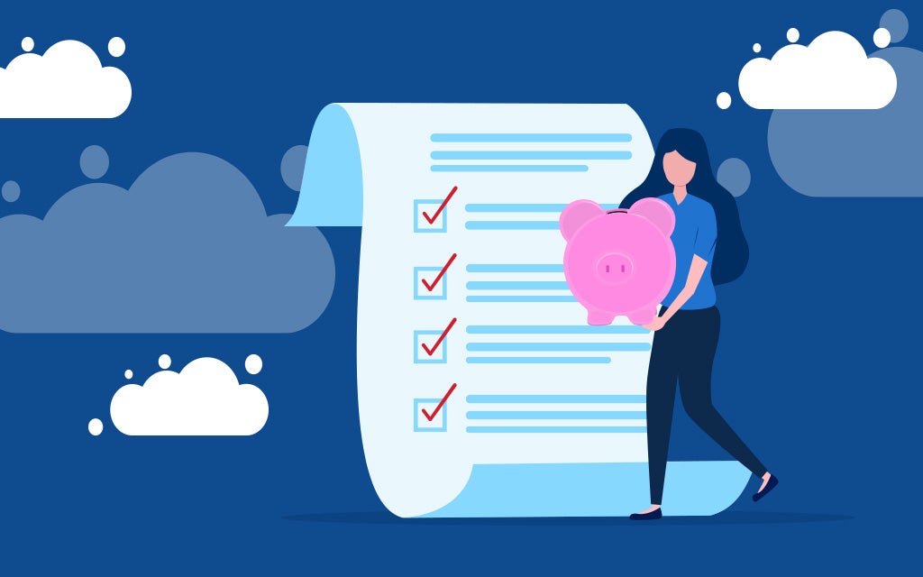 Blue cloud background with a financial planning checklist and a girl holding a piggy bank.