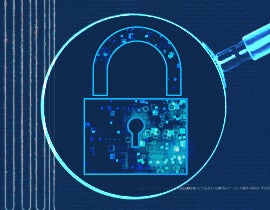 A blue-toned illustration of a lock with circuitry patterns inside, viewed through a magnifying glass.