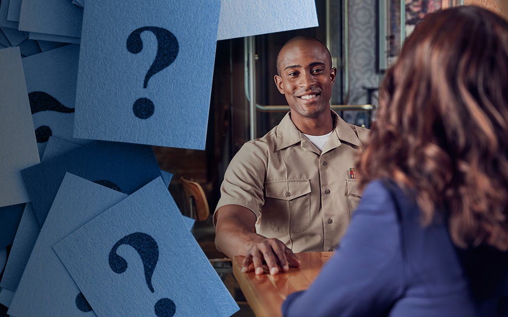 Image of blue question mark box and a military service member sitting with a financial advisor.