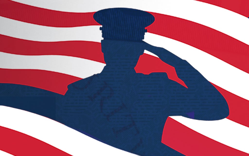 Red and white flag background with a navy blue silhouette of a saluting servicemember.