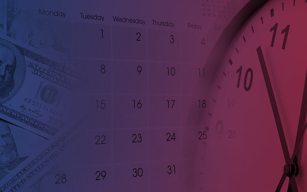 Blue and red transition background picturing calendar dates and $100 bills with a clock.