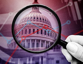 Image of a magnifying glass over the capital building with a line chart representing market trends. 